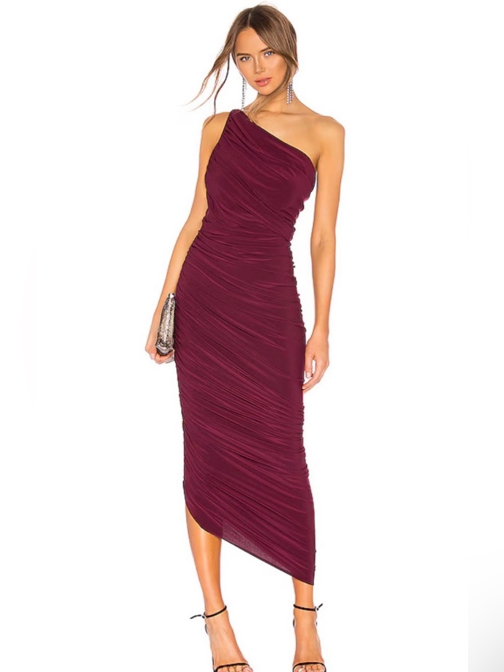 Norma Kamali One-Shoulder Ruched Midi Dress in Deep Burgundy plum S